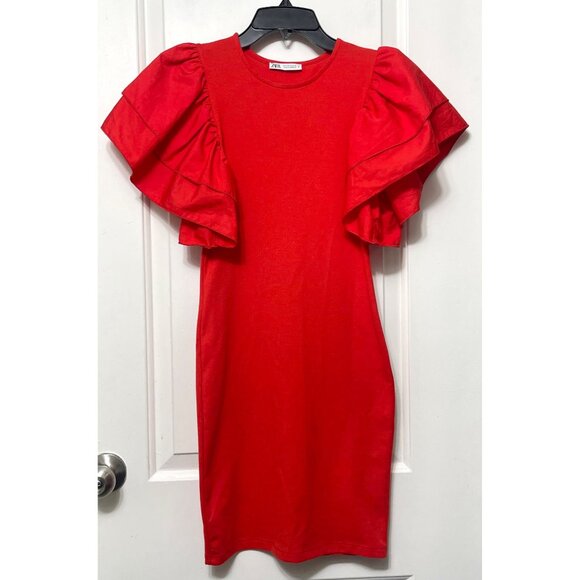 Zara Red Ruffle Sleeve Bodycon Mini Dress Size S - Picture 6 of 13